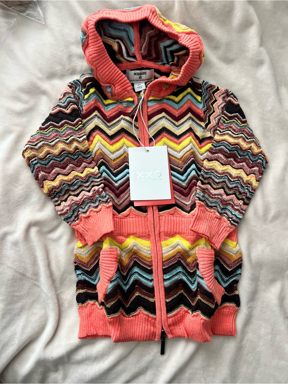 Missoni Coral Multicolor Zigzag Hooded Zip Sweater